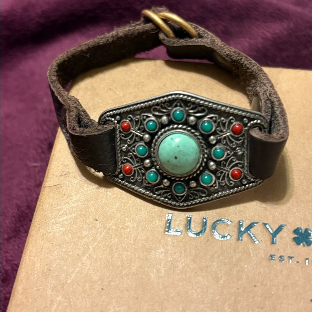 Lucky Brand Brown Leather Bracelet with Turquoise and Red Details